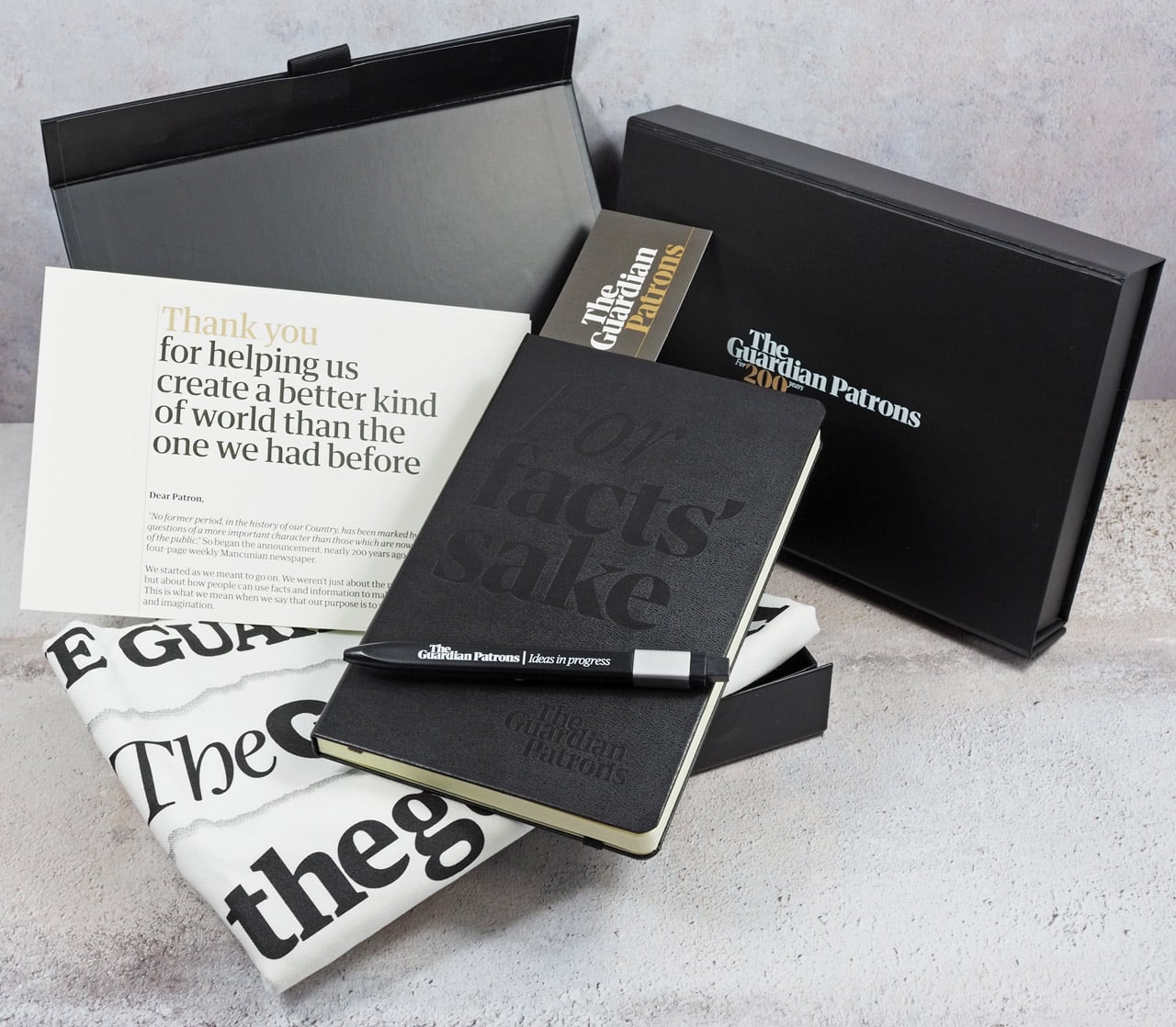 A debossed Moleskine, branded Moleskine pen, thank you letter, bookmark, and towel are seen as part of the patron gift sets.