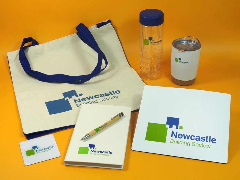 A collection of back to the office gifts with they Newcastle Building Society logo